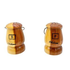 Wooden Oklahoma Salt and Pepper Shakers With Metal Handles Rustic Kitchen Decor